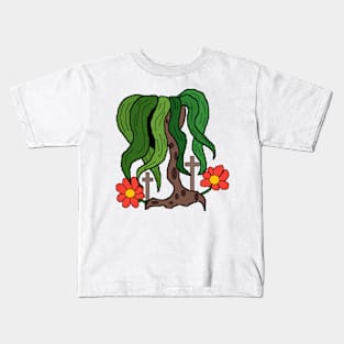 weird tree with cross and flowers Kids T-Shirt